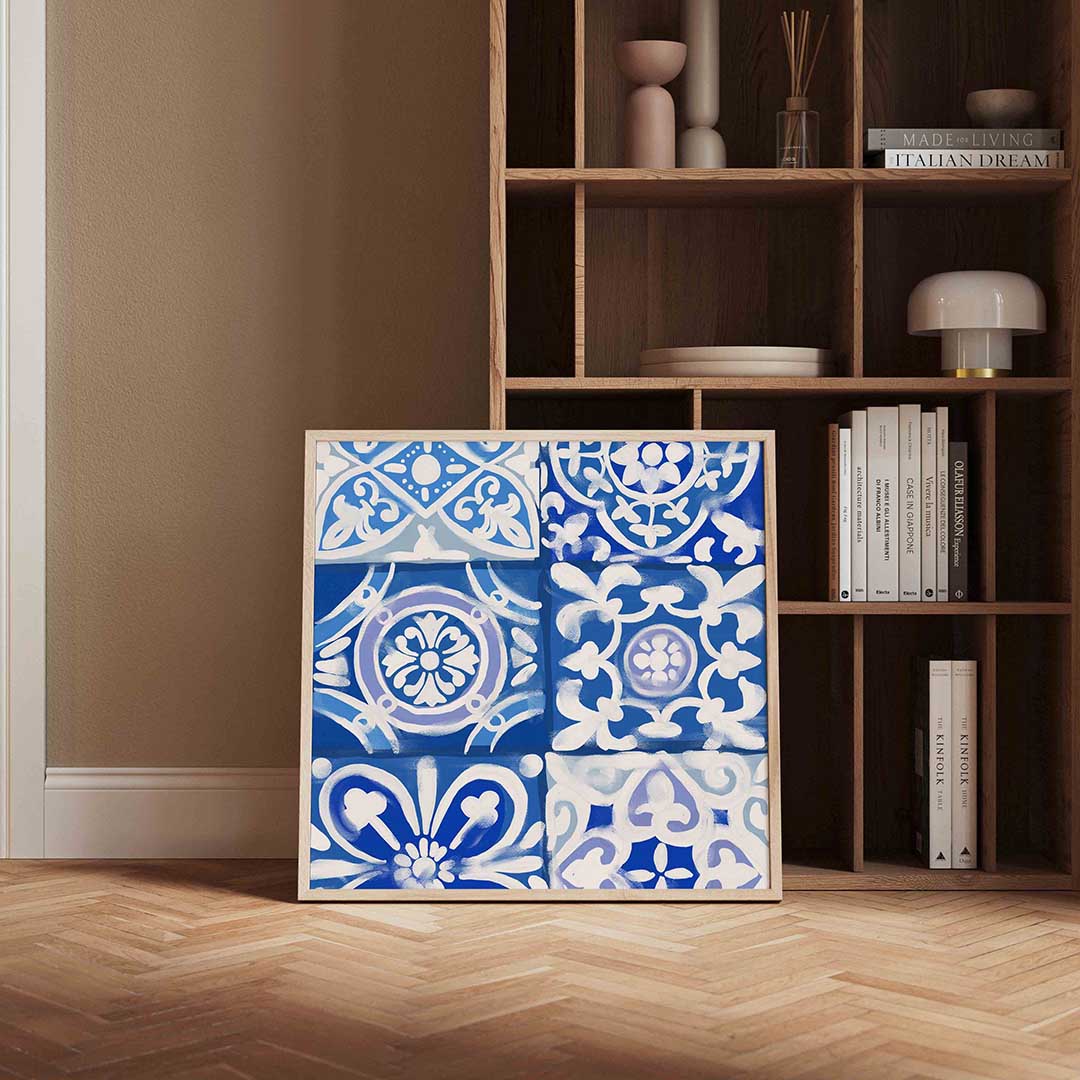 Blauwe tegelpatronen – kleurrijke vierkante wanddecoratie van WallArtistic