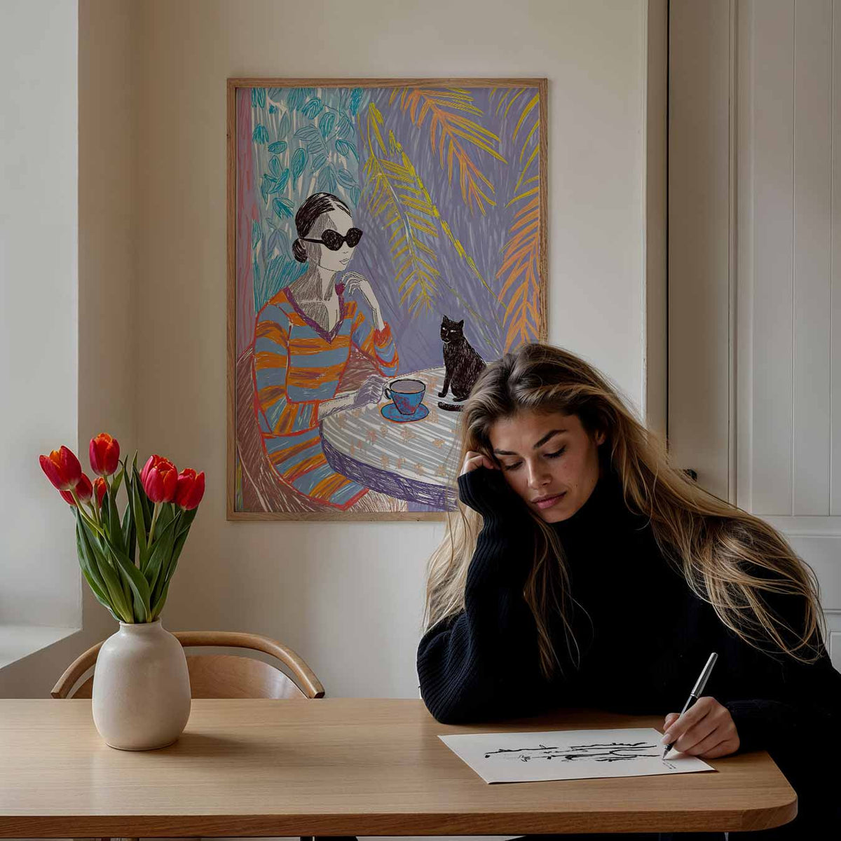 Vrouw met Kat Illustratie – zomer poster als frisse staande wanddecoratie