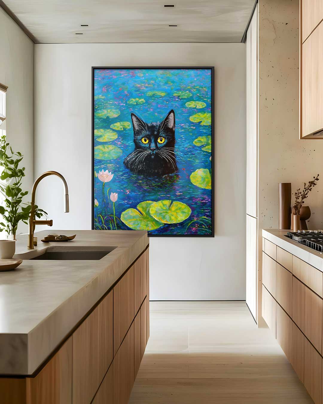 Kat in de Waterlelies – modern portret kunstwerk van WallArtistic