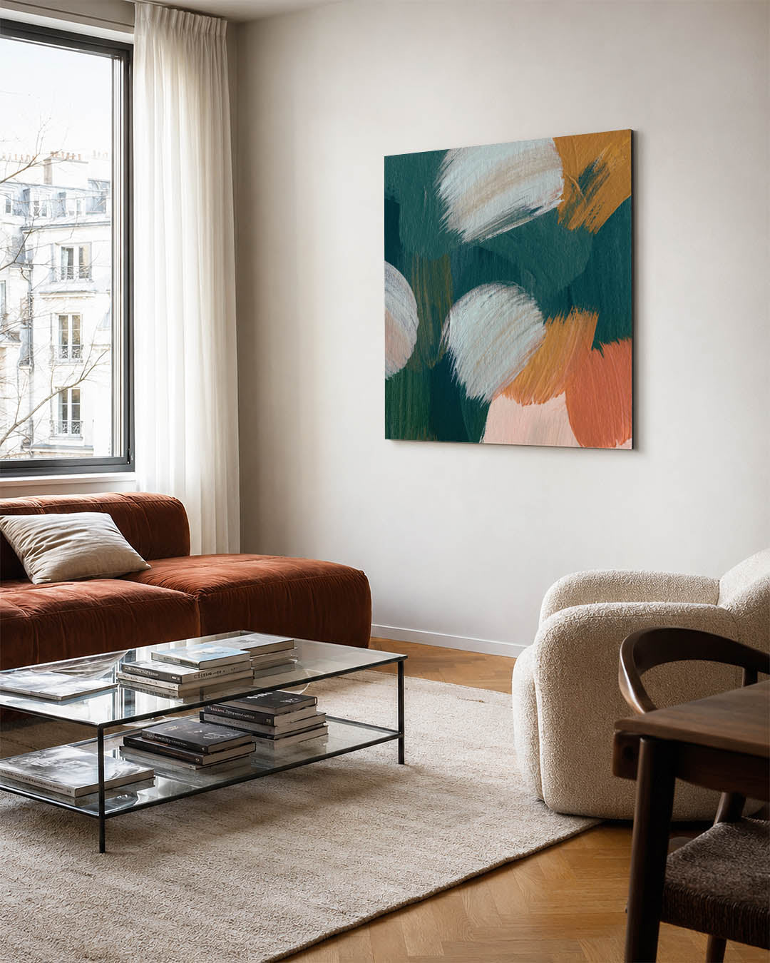 Kleurencompositie kunstwerk – vierkante wanddecoratie – dit werk toont een levendige mix van penseelstreken in blauw, oranje