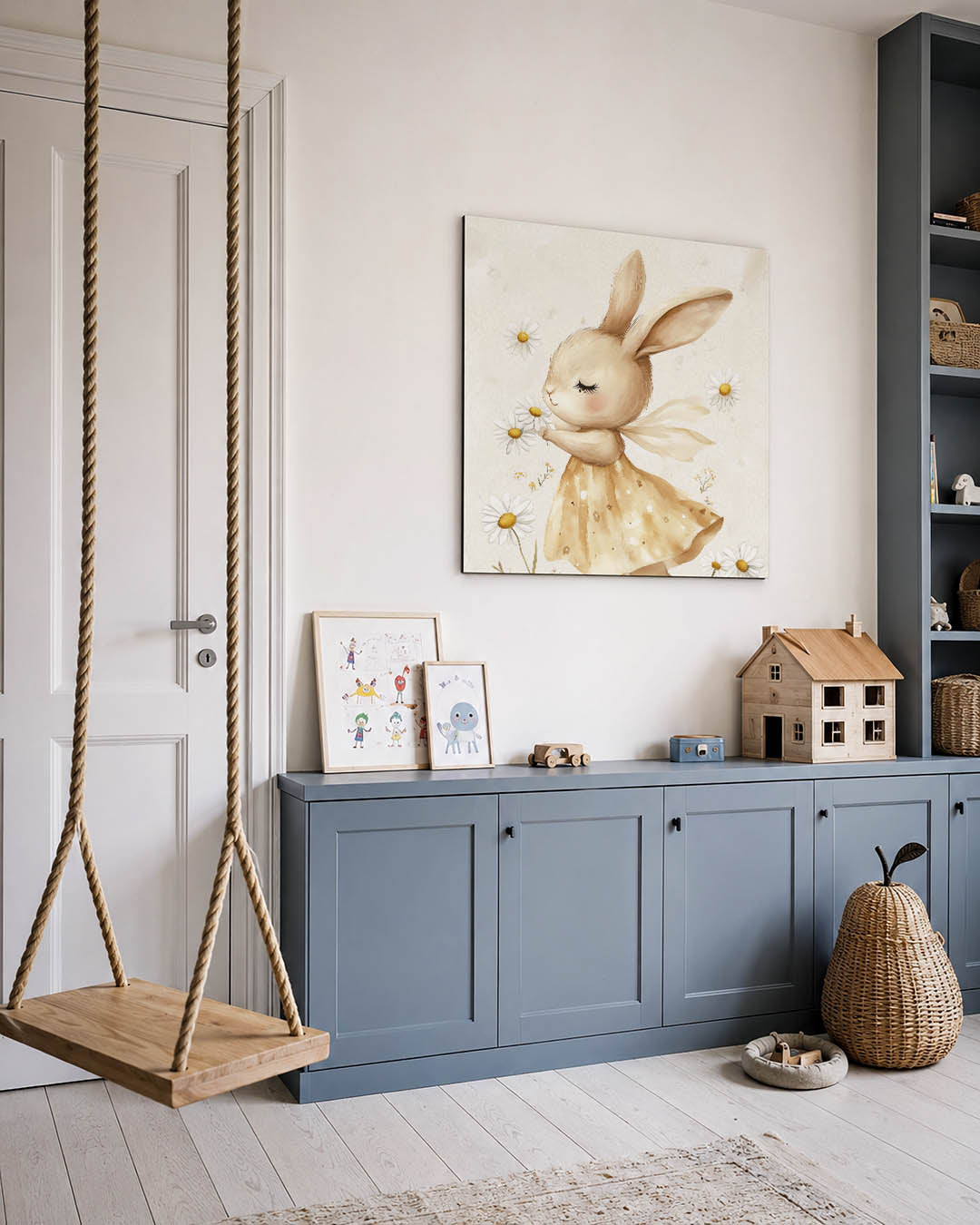 Dromerig konijn kunstwerk – vierkante wanddecoratie – een schattig konijn in een beige jurk omringd door witte bloemen. De