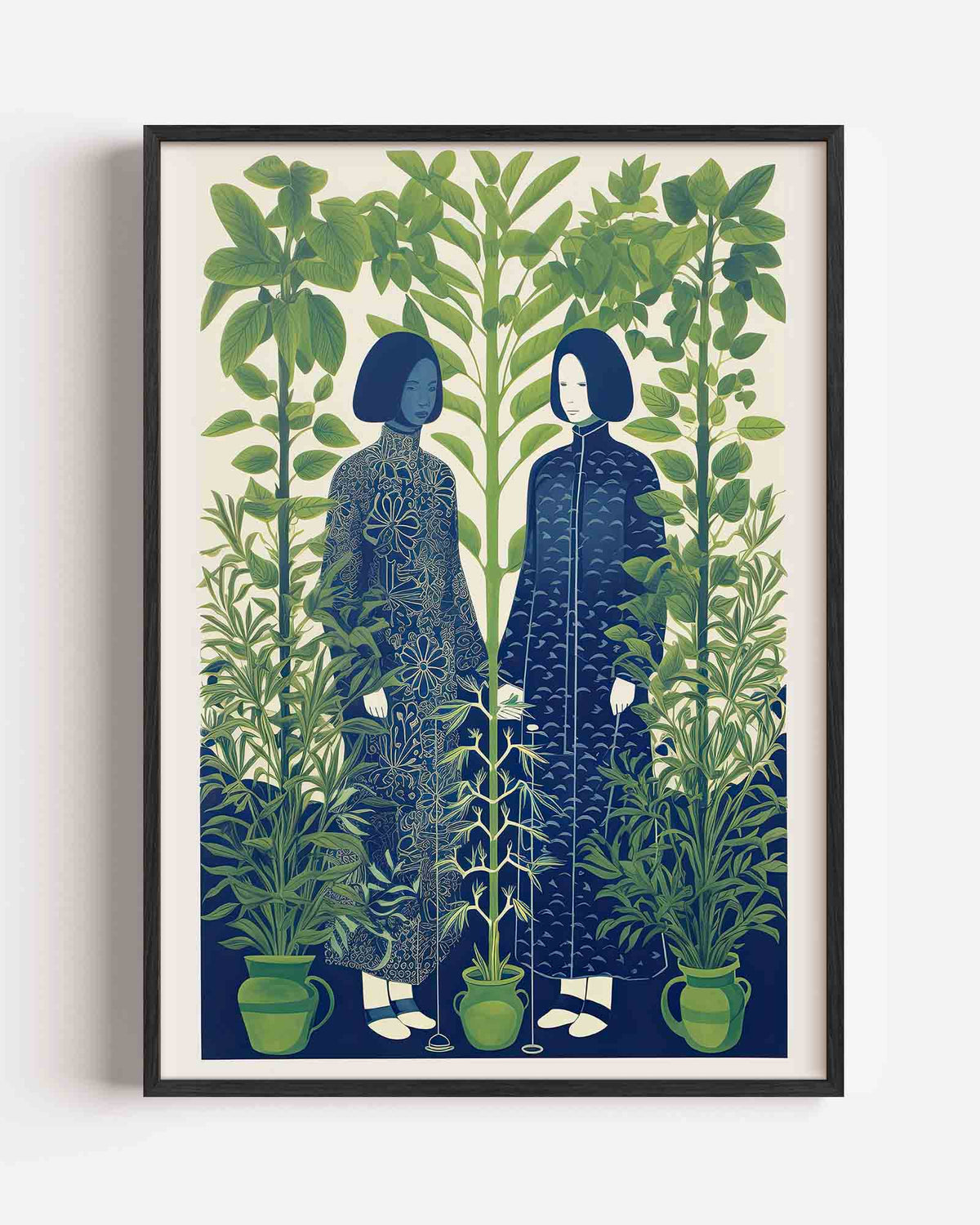 Twee figuren tussen planten – botanische portret poster als wanddecoratie