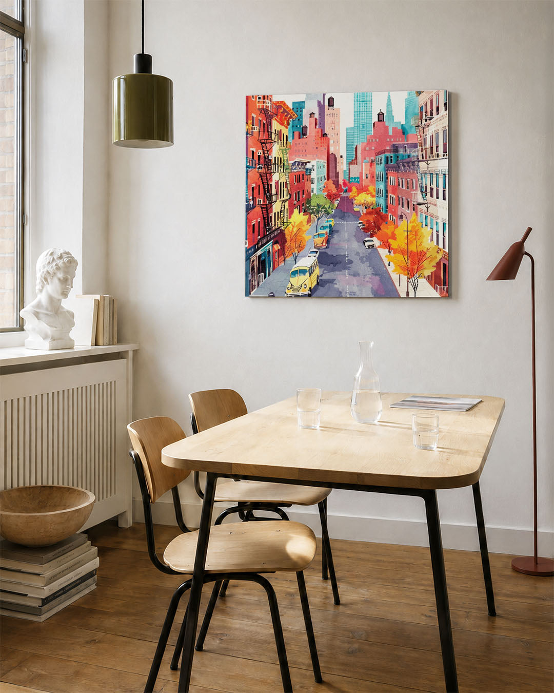Stedelijk straatbeeld kunstwerk – vierkante wanddecoratie – dit kunstwerk toont een levendige stadsscène met kleurrijke
