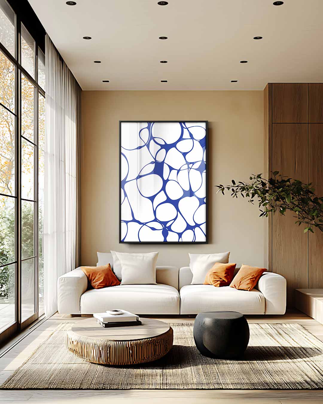 Organische Blauw-Witte Patronen – staande wandkunst voor woonkamer of interieur