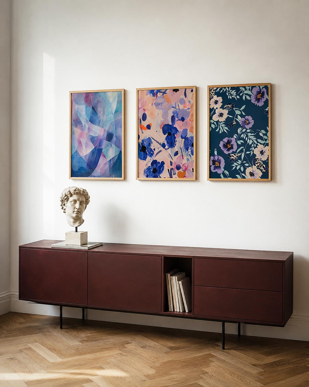Kleurvlakken harmonie posterset – tweede productweergave – deze posterset in drie delen toont een vloeiend spel van