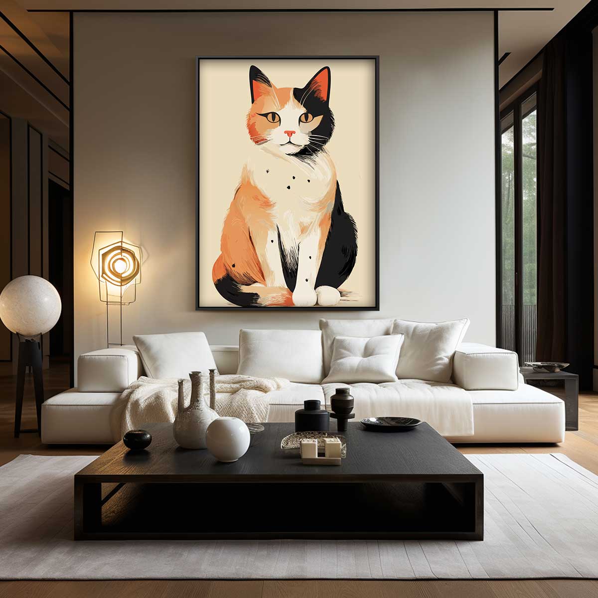 Schattige Driekleurige Kattenillustratie – canvas wanddecoratie in portret formaat