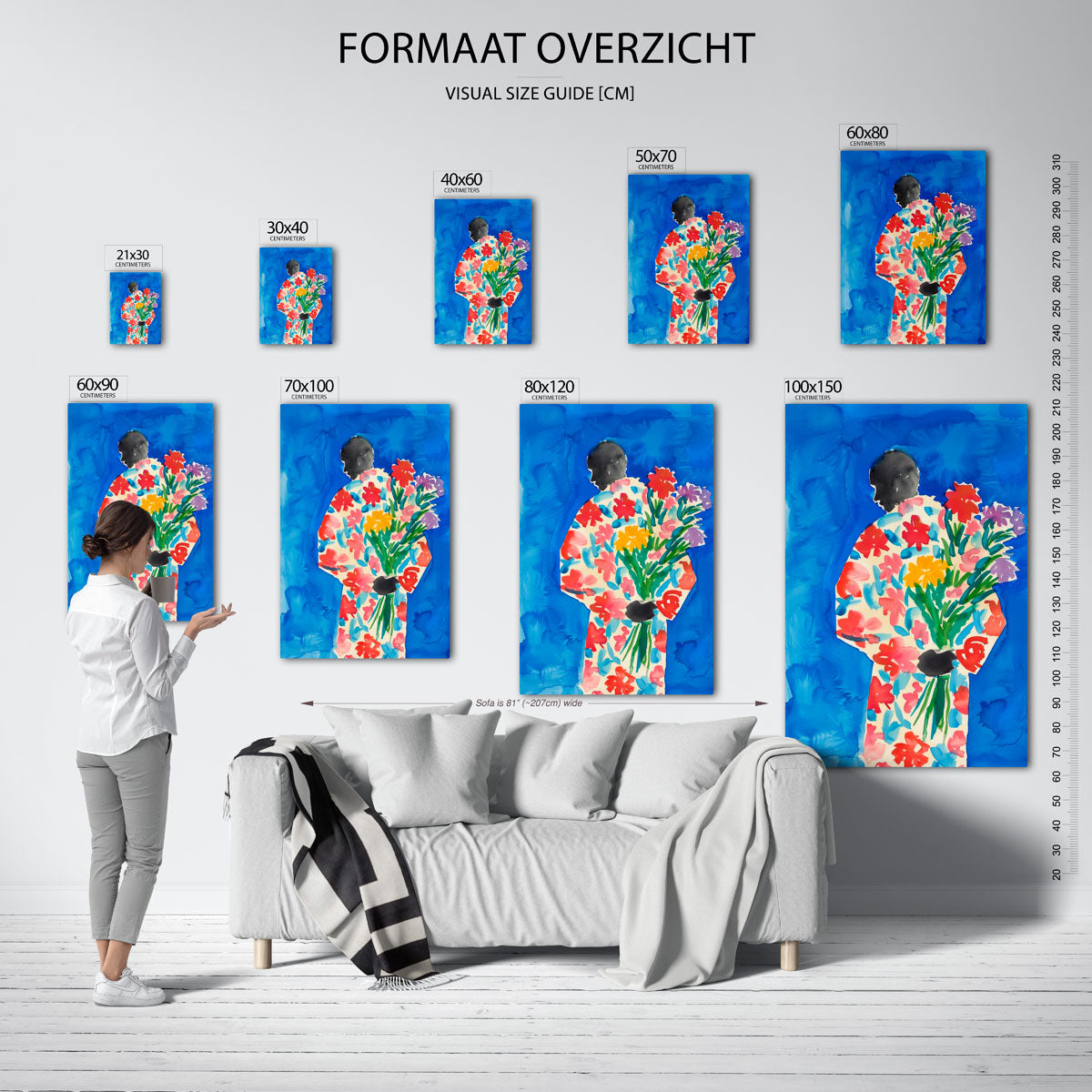 Figuur met bloemen – staande muurposter met kleurrijke illustratie