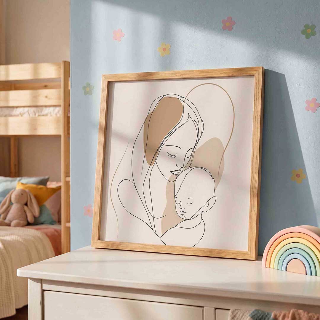 Moeder en kind – speelse wandkunst als vierkante kinderposter
