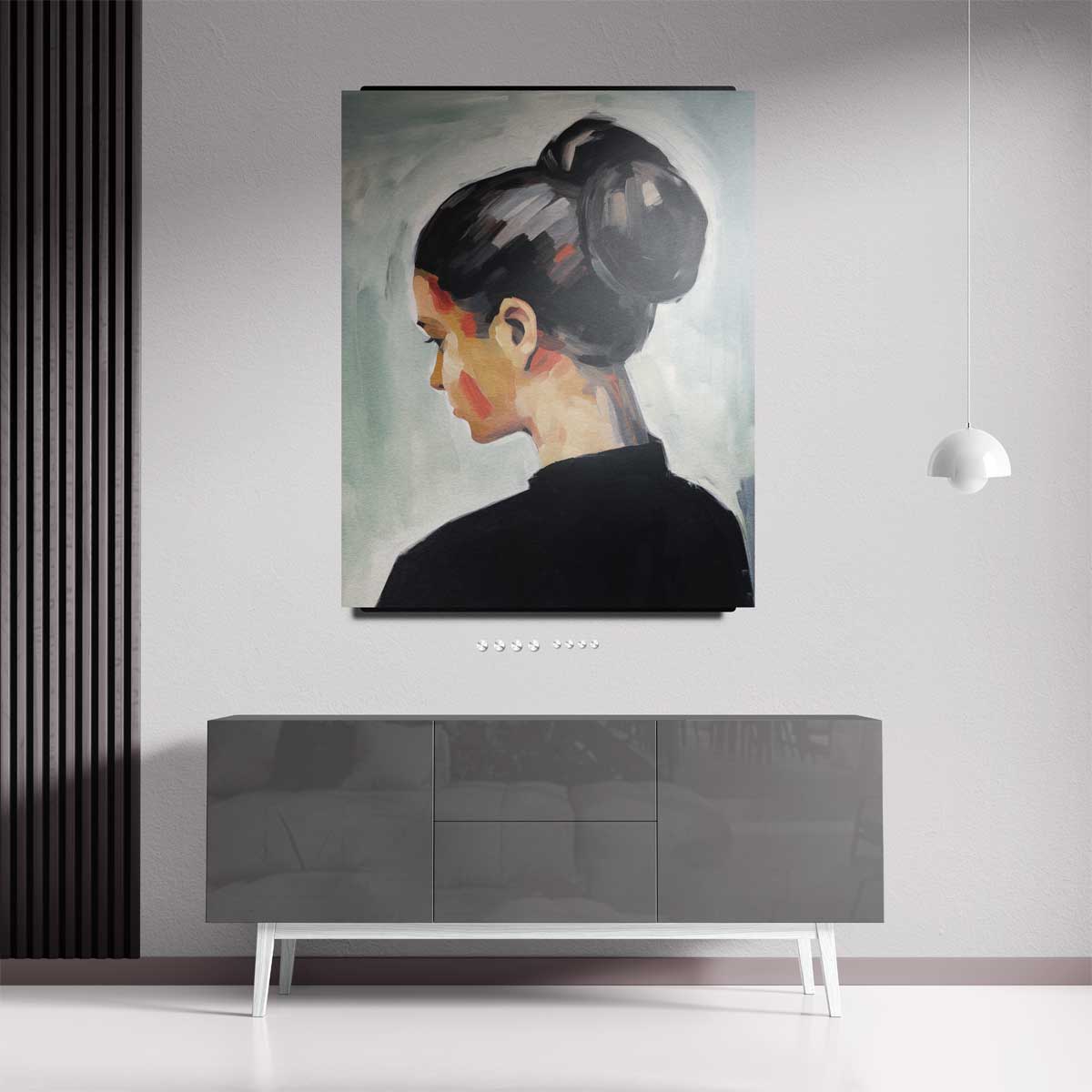 Vrouwelijke Elegantie in Stille Reflectie – kunstwerk met zwarte baklijst
