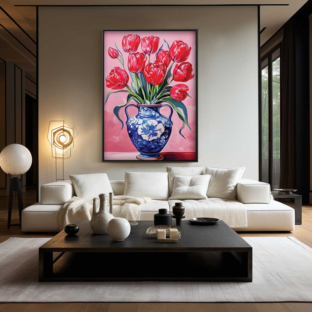 Rode tulpen in blauwe vaas – staand kunstwerk voor modern interieur
