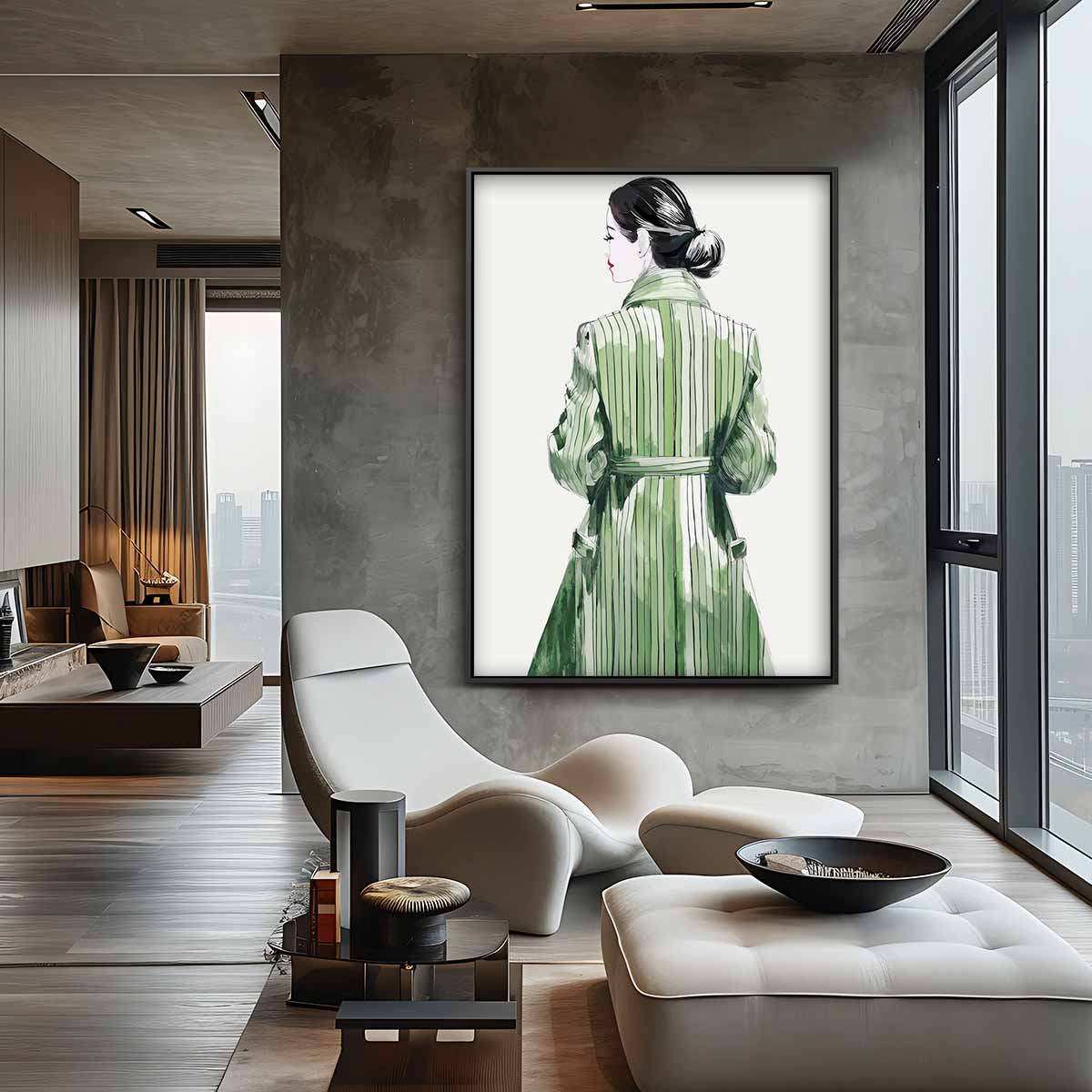 Elegante Gestalte in Groene Jas – staande wandkunst voor woonkamer of interieur