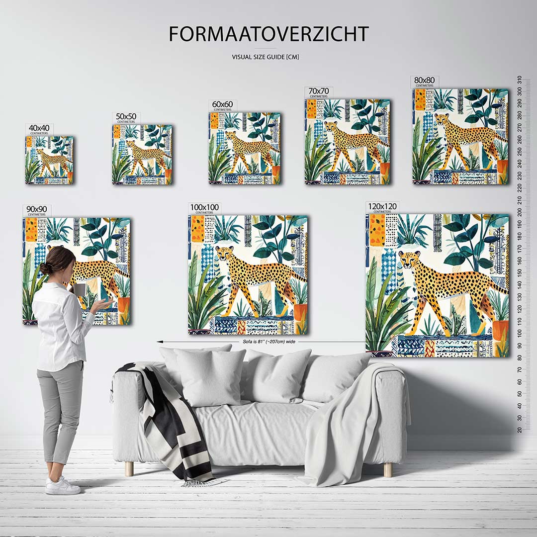 Luipaard en bladeren kunstwerk – dit kunstwerk toont een luipaard omringd door diverse planten en geometrische patronen. De