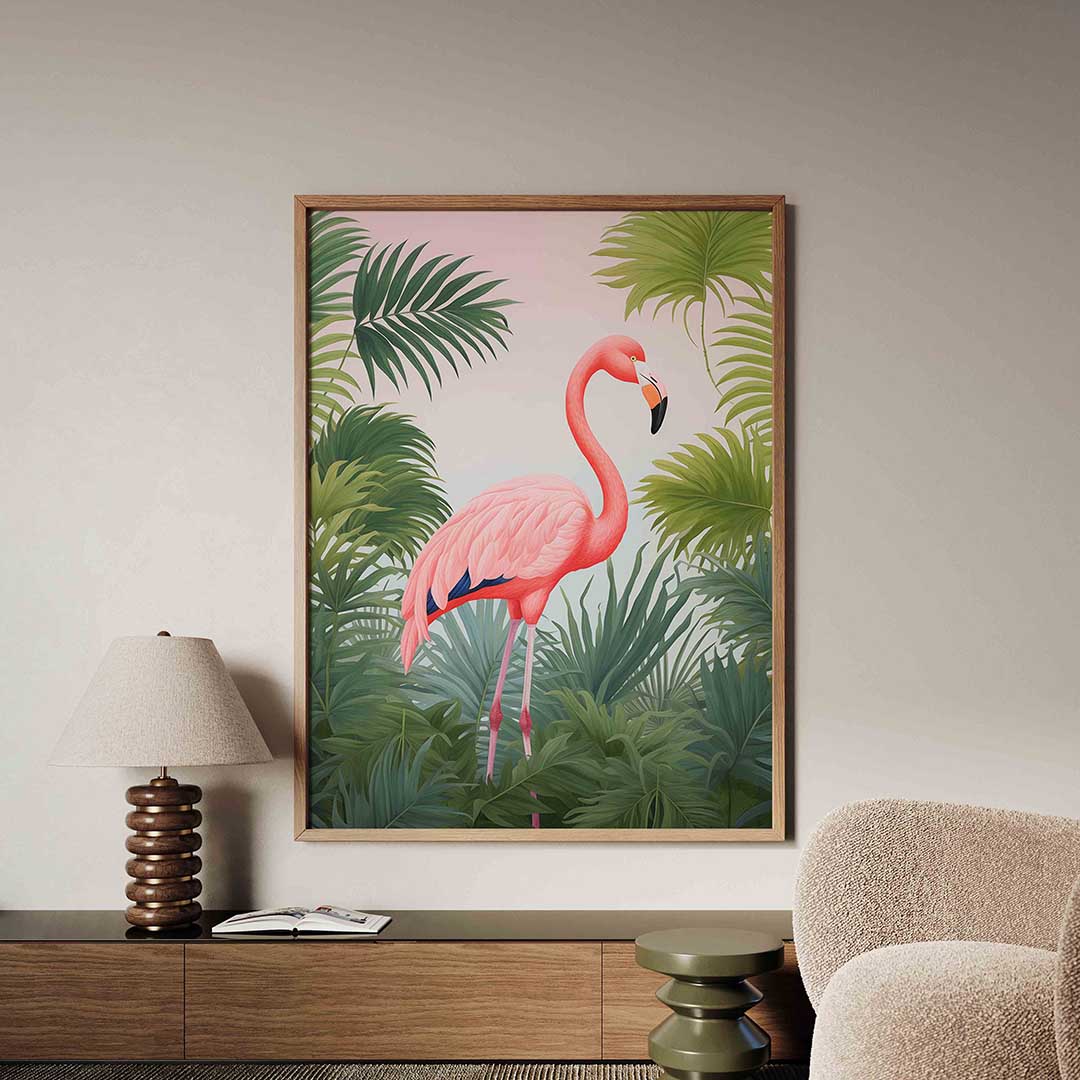 Flamingo tussen bladeren – tropische jungle poster in staand formaat