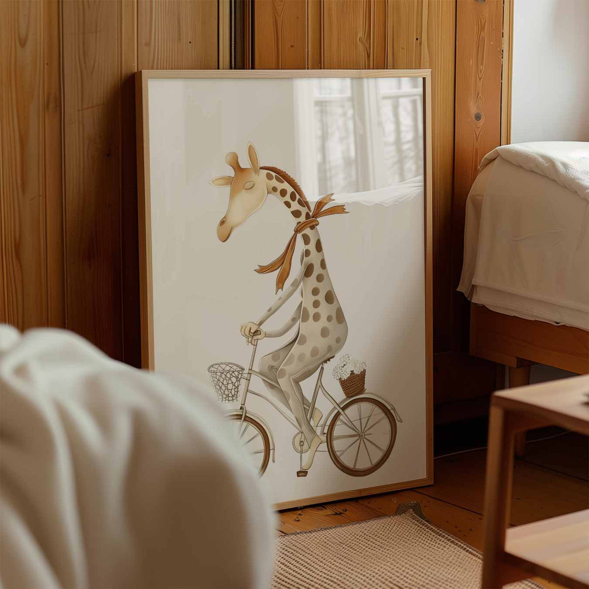 Dromerige Giraffe op Fiets – staande muurposter voor de kinderkamer