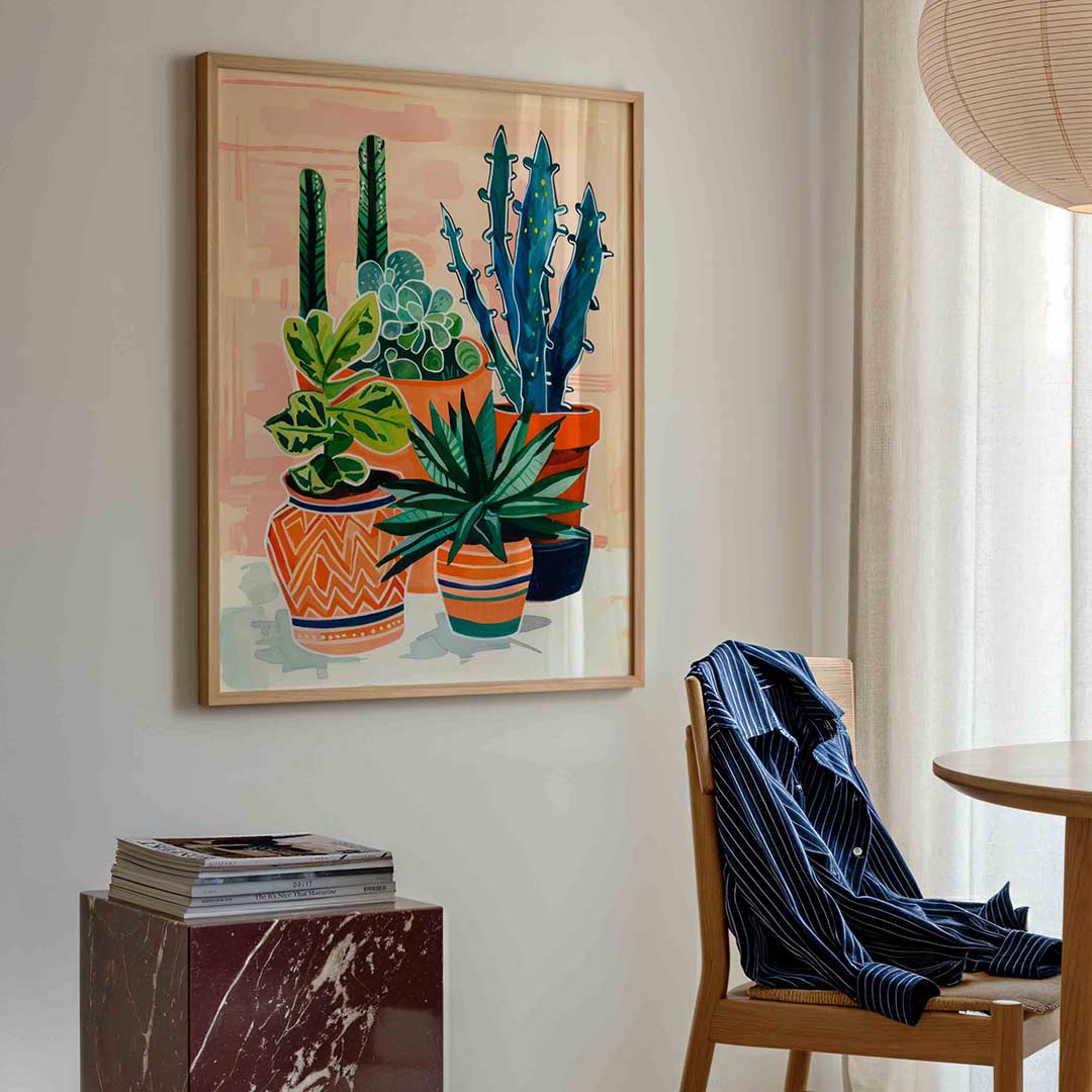 Groene planten in potten – kleurrijke illustratie poster in staand formaat