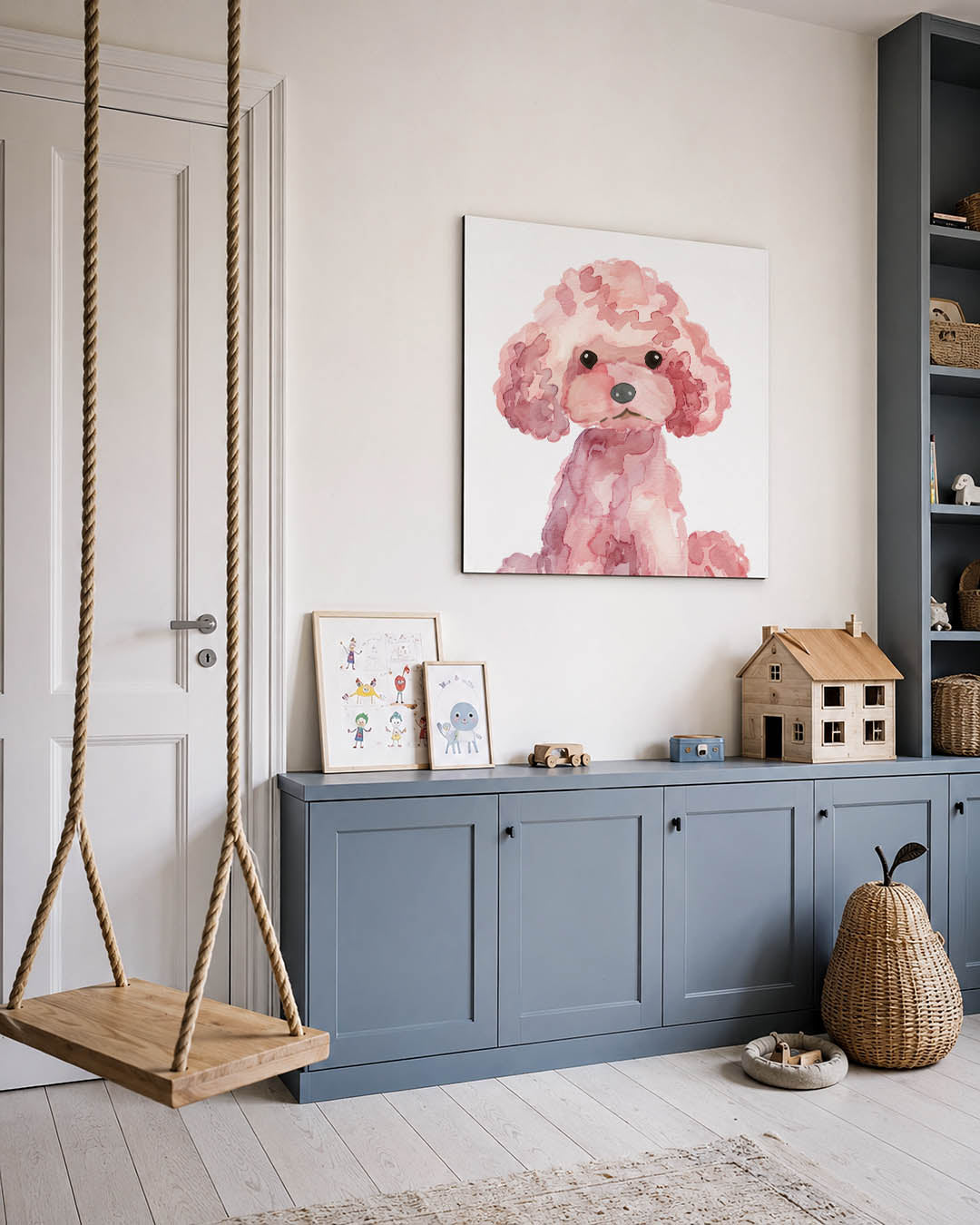 Speelse hond illustratie kunstwerk – vierkante wanddecoratie – dit werk toont een speelse hond in zachte roze tinten. De