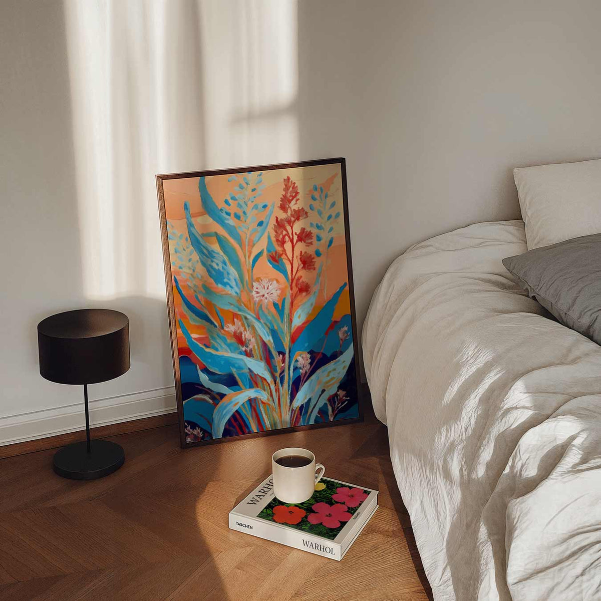 Kleurrijk Bloemenveld in Zonsondergang – staande bloemen wanddecoratie van WallArtistic
