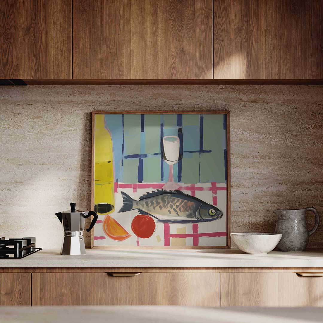 Vis en glas op tafel – culinaire wandkunst als vierkante poster