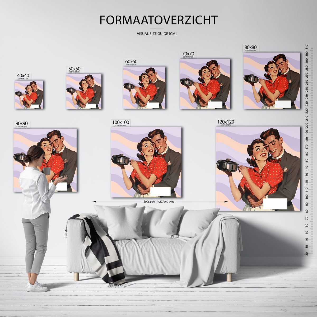 Retro koppel met pan – kleurrijke vierkante muurposter in Pop Art stijl