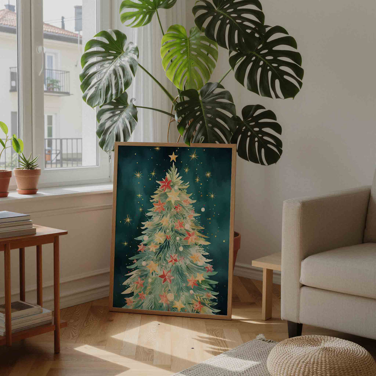 Kerstboom met sterren – feestelijke wandkunst als portret poster