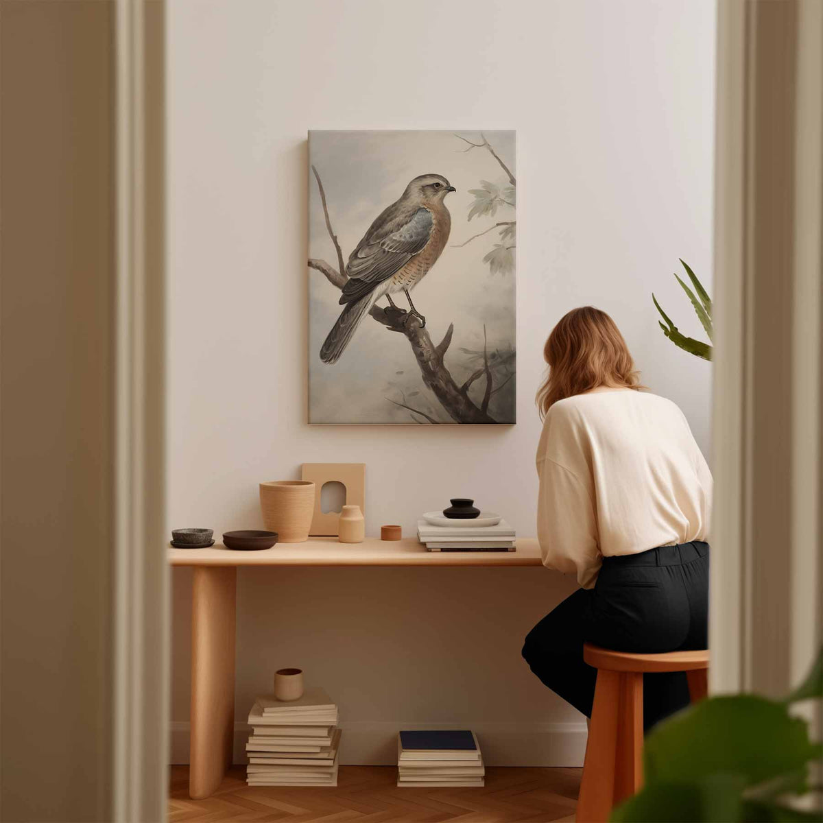 Vogelschilderij op tak – kunstwerk met zwarte baklijst