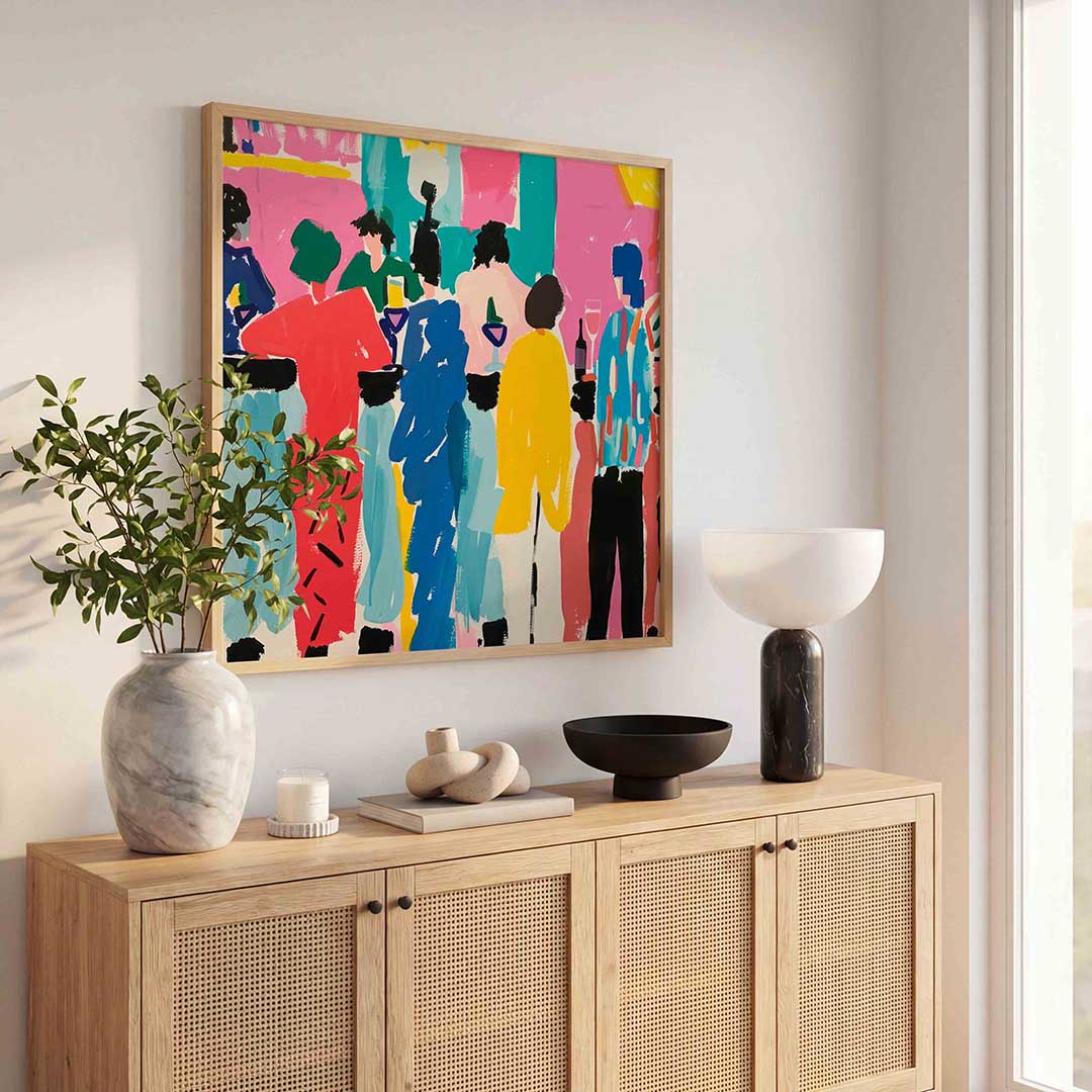 Gekleurde figuren bij bar – illustratie poster in vierkant formaat