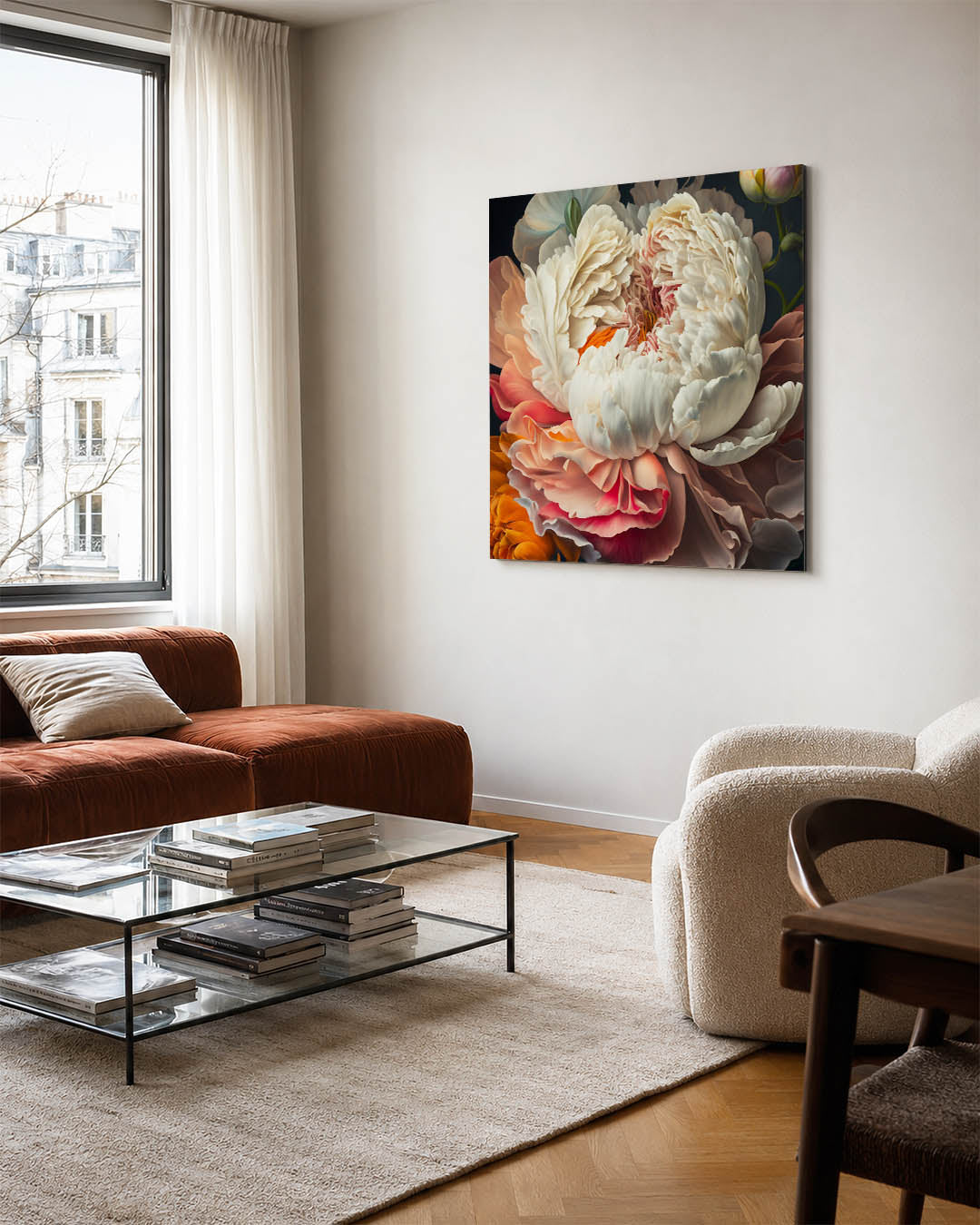 Bloemrijke harmonie kunstwerk – vierkante wanddecoratie – dit kunstwerk toont een weelderige compositie van overlappende