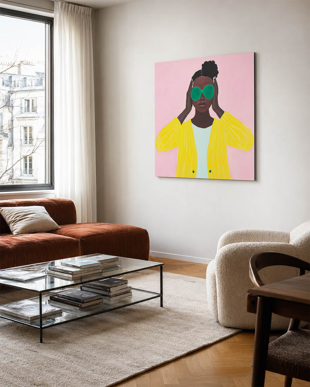Vrolijke portretstudie kunstwerk – vierkante wanddecoratie – dit kunstwerk toont een persoon met groene bril en gele kleding
