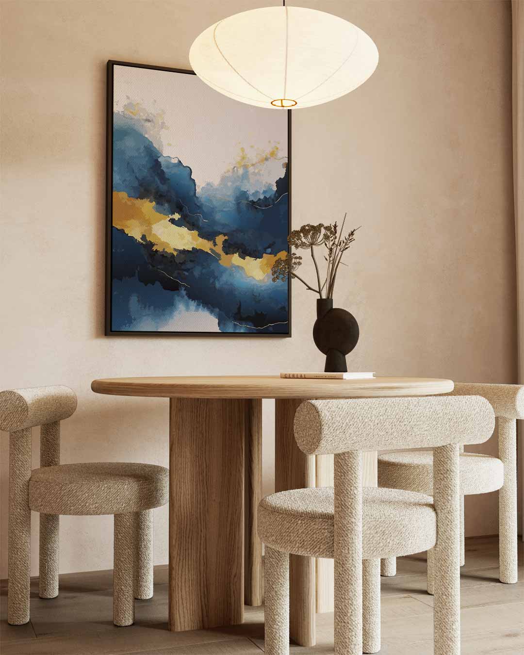 Blauw en Gouden Droomlandschap – kunstwerk met zwarte baklijst