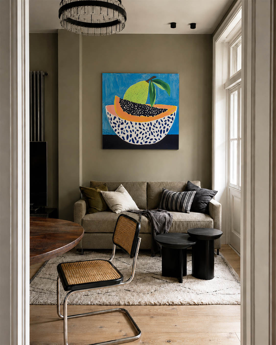 Fruit en patronen kunstwerk – tweede productweergave – dit werk toont een kleurrijke compositie van fruit met levendige