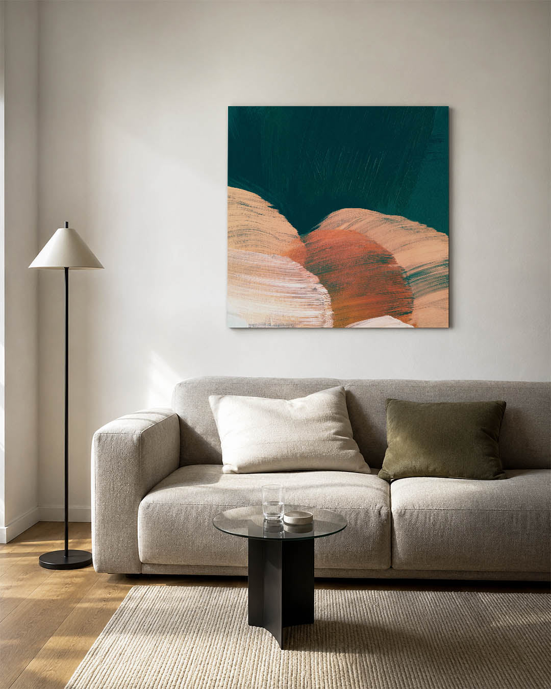 Kleurrijke borstelslag kunstwerk – detailweergave – dit werk toont vloeiende borstelslagen in een harmonie van kleuren. De