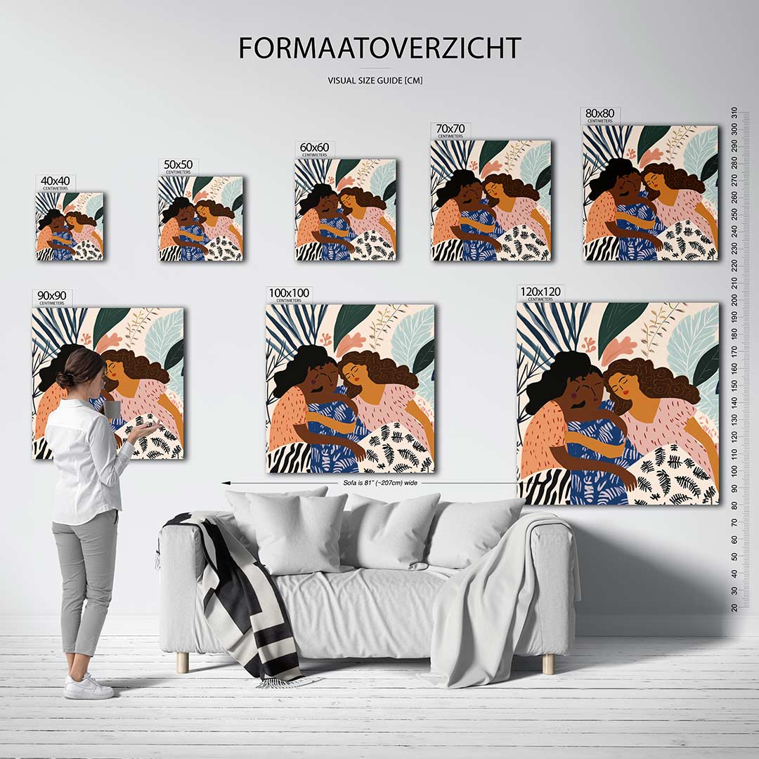 Vriendschap en natuur kunstwerk – dit kunstwerk toont drie figuren in een omhelzing, omringd door bladeren en patronen. De