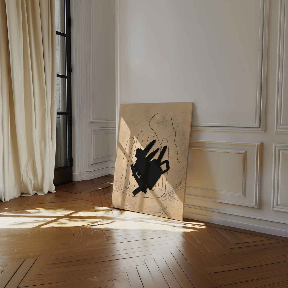 Abstracte Expressie in Zwart en Beige – canvas wanddecoratie in portret formaat