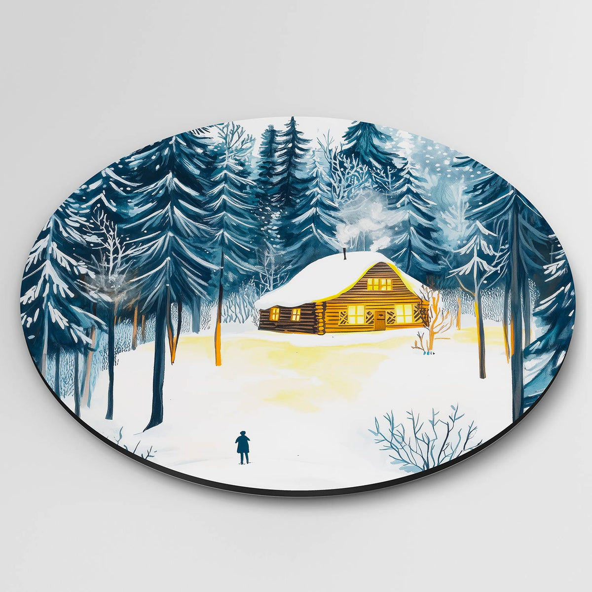 Winterlandschap met huis Muurcirkel – detailweergave – Een houten huisje met een besneeuwd dak staat in een bos van hoge
