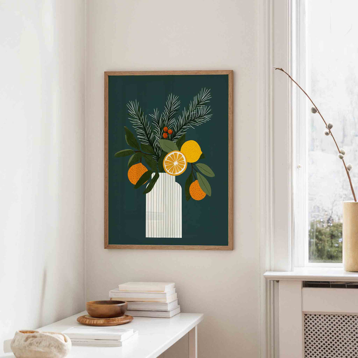 Citrus en dennentakken – staande kerst wanddecoratie van WallArtistic
