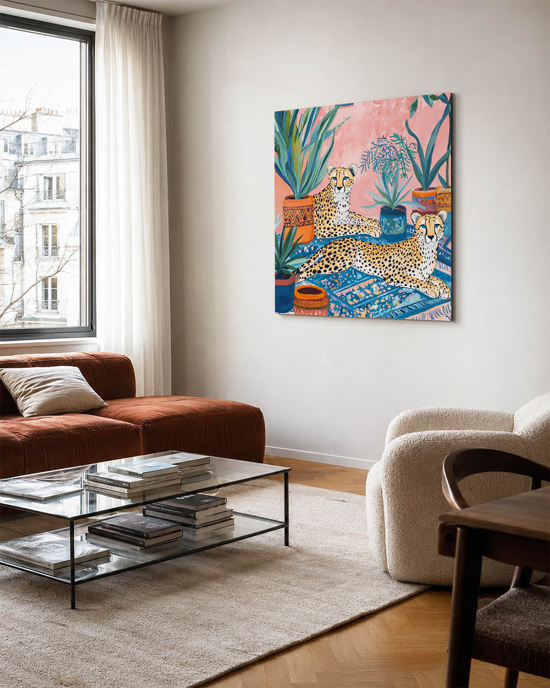 Exotische dieren en planten kunstwerk – vierkante wanddecoratie – dit werk toont twee luipaarden omringd door kleurrijke
