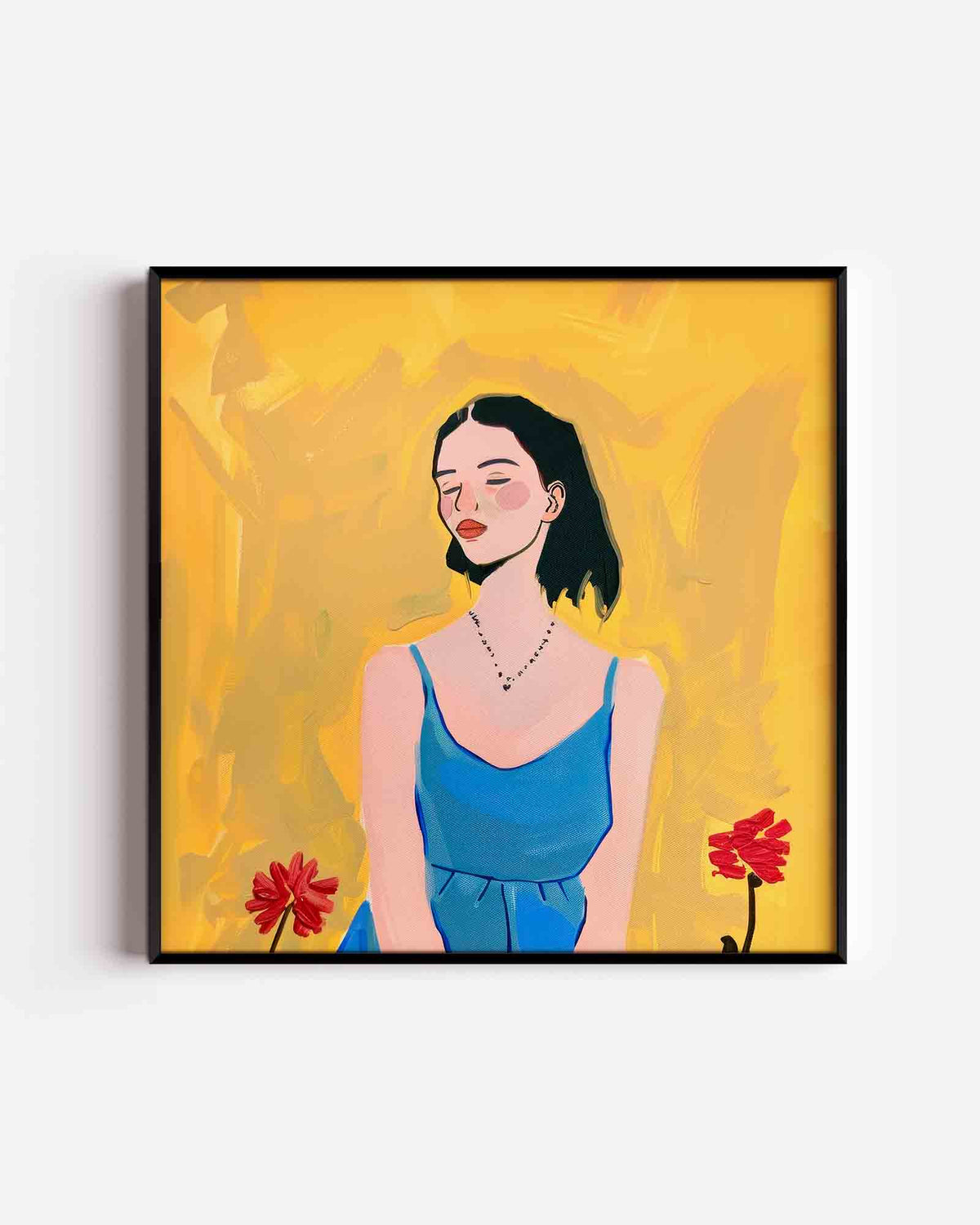 Vrouw in blauwe jurk – kleurrijke illustratie poster als wanddecoratie