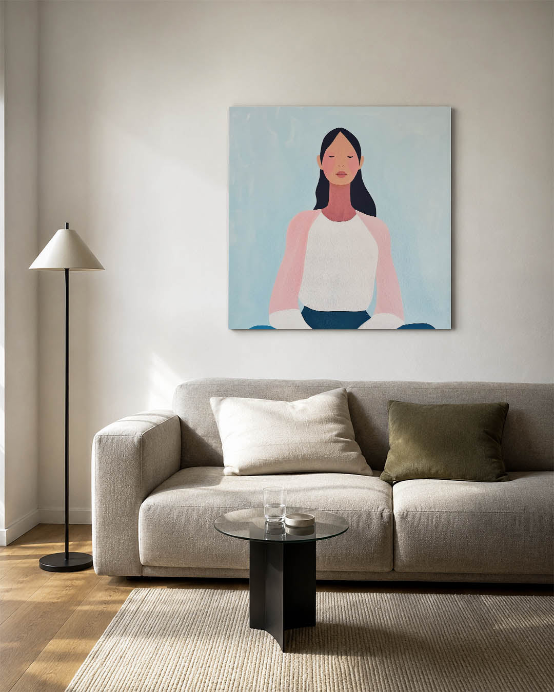 Meditatieve vrouw kunstwerk – vierkante wanddecoratie – dit kunstwerk toont een vrouw in meditatie, met zachte kleuren en een