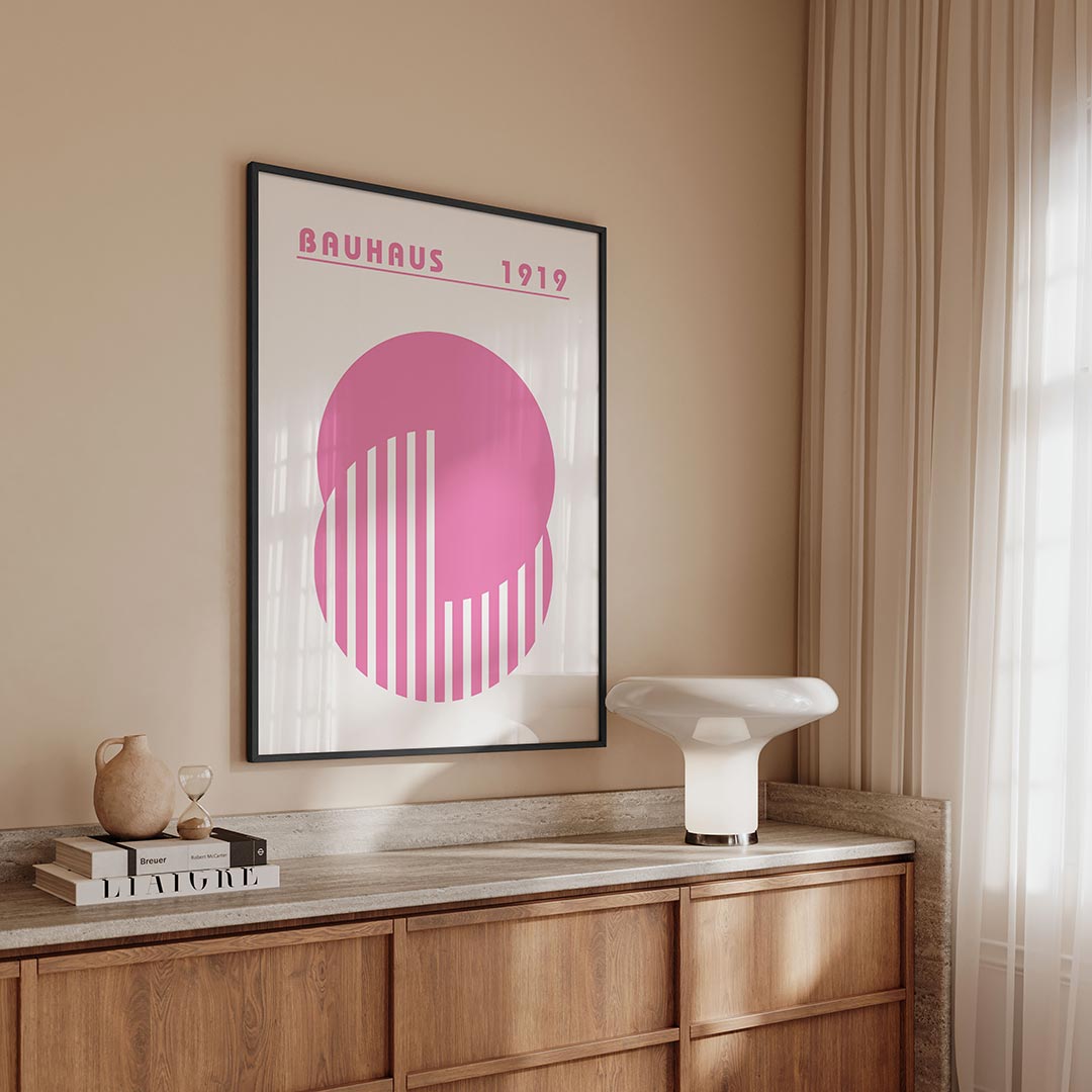 Roze cirkelpatronen – geometrische Bauhaus poster in staand formaat