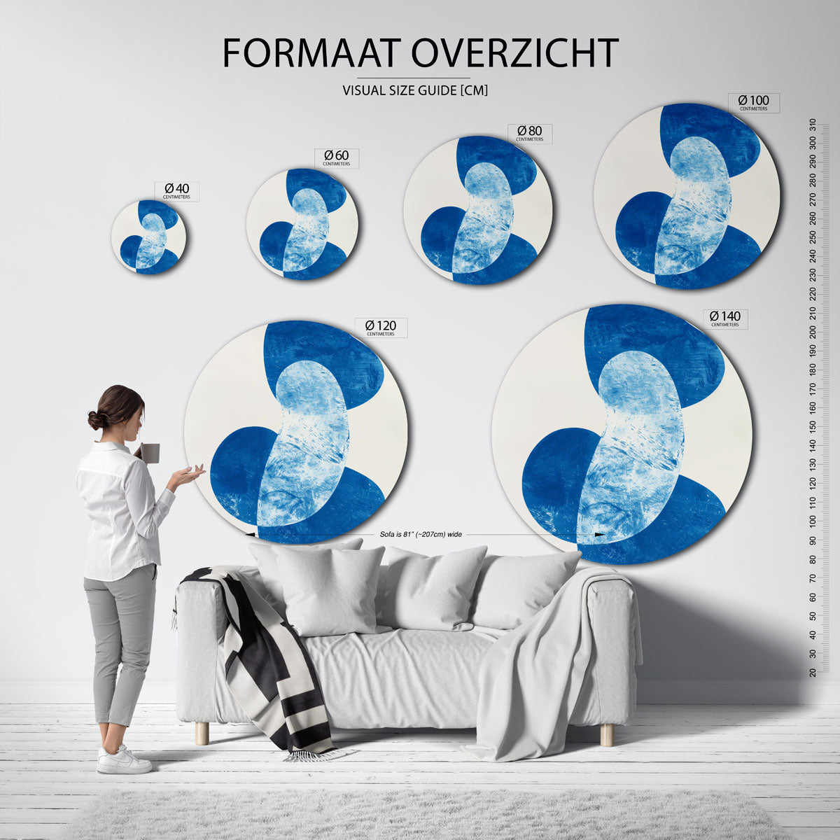 Abstracte blauwe vormen – ronde muurdecoratie met kleur en vorm
