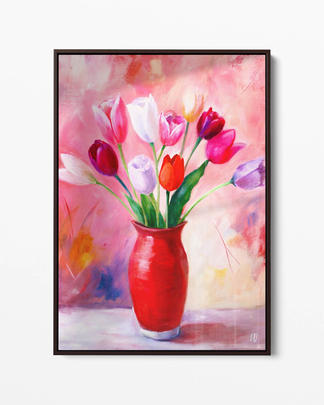 Kleurrijke Tulpen in Rode Vaas – portret kunstwerk als wanddecoratie