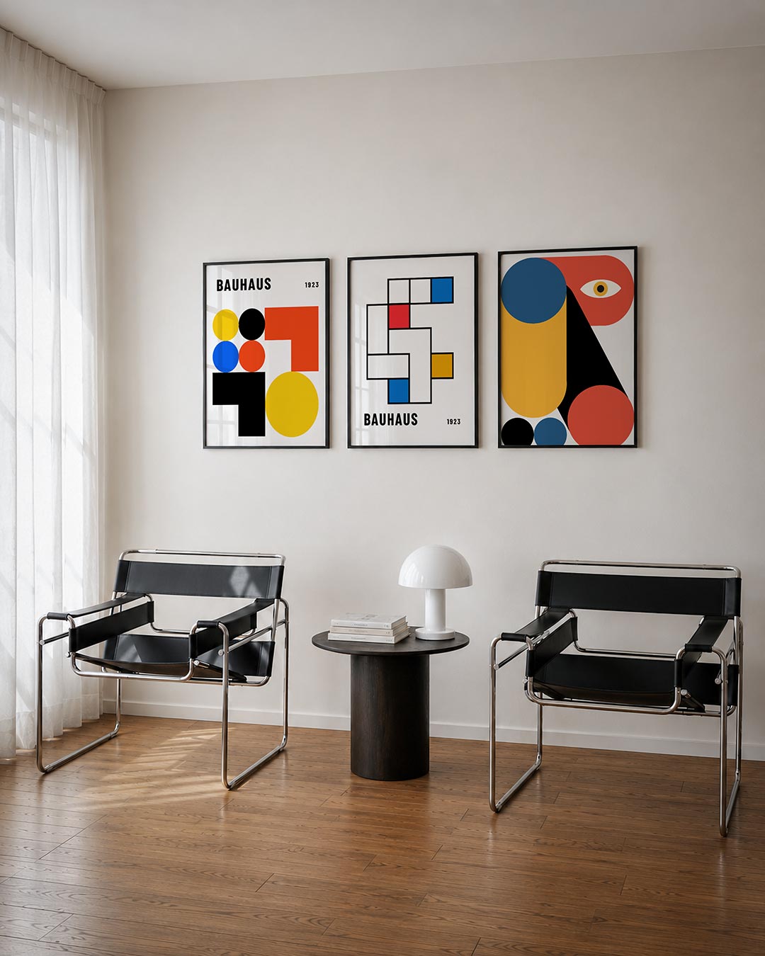 Vormen en kleurvlakken driedelige posterset – deze posterset in drie delen toont een speelse mix van cirkels en rechthoeken