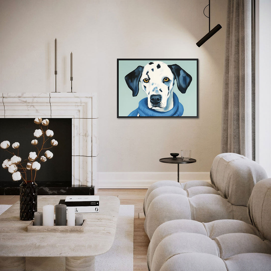 Hond met blauwe sjaal – liggende wanddecoratie