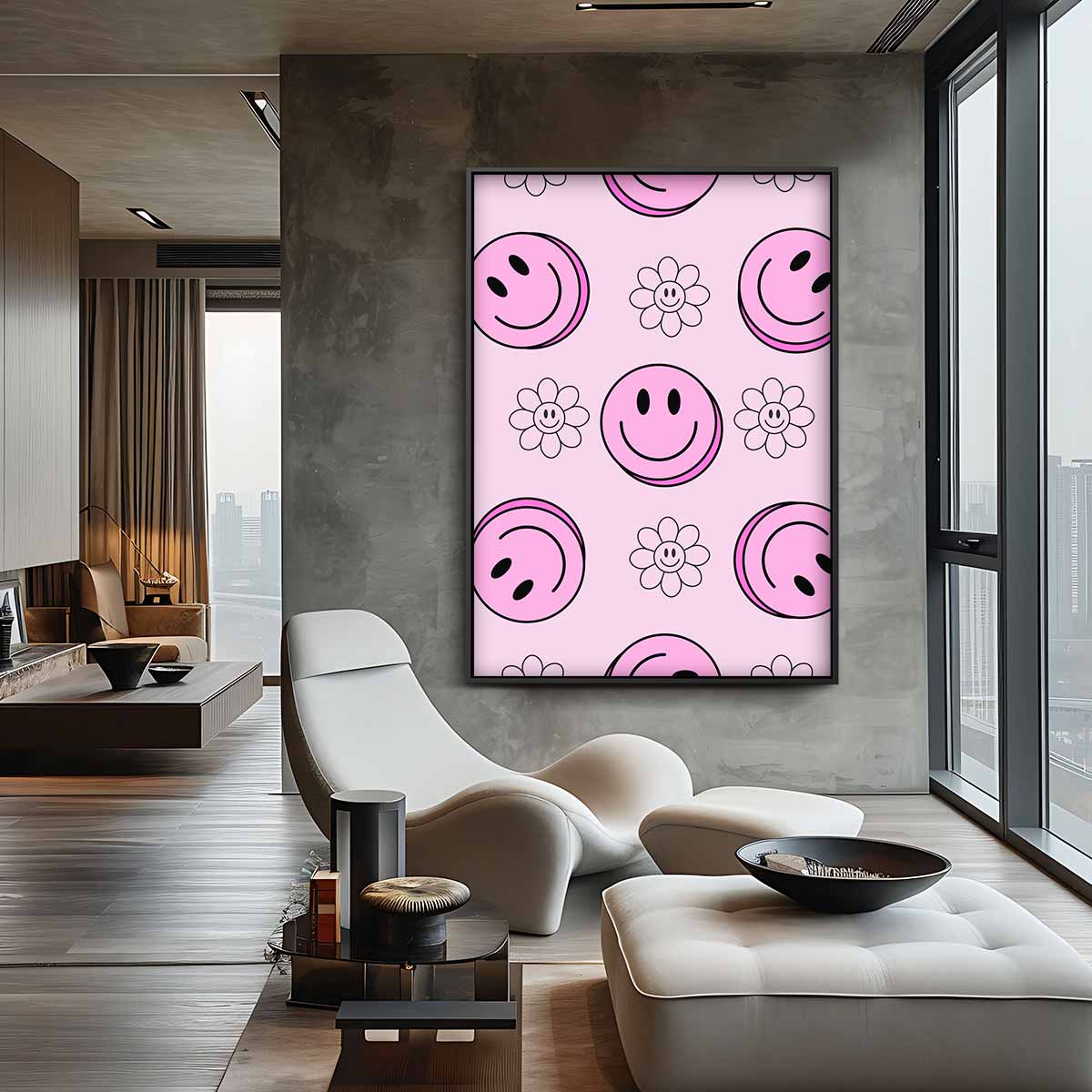 Vrolijke Smiley Bloemen Print – staande wandkunst voor woonkamer of interieur