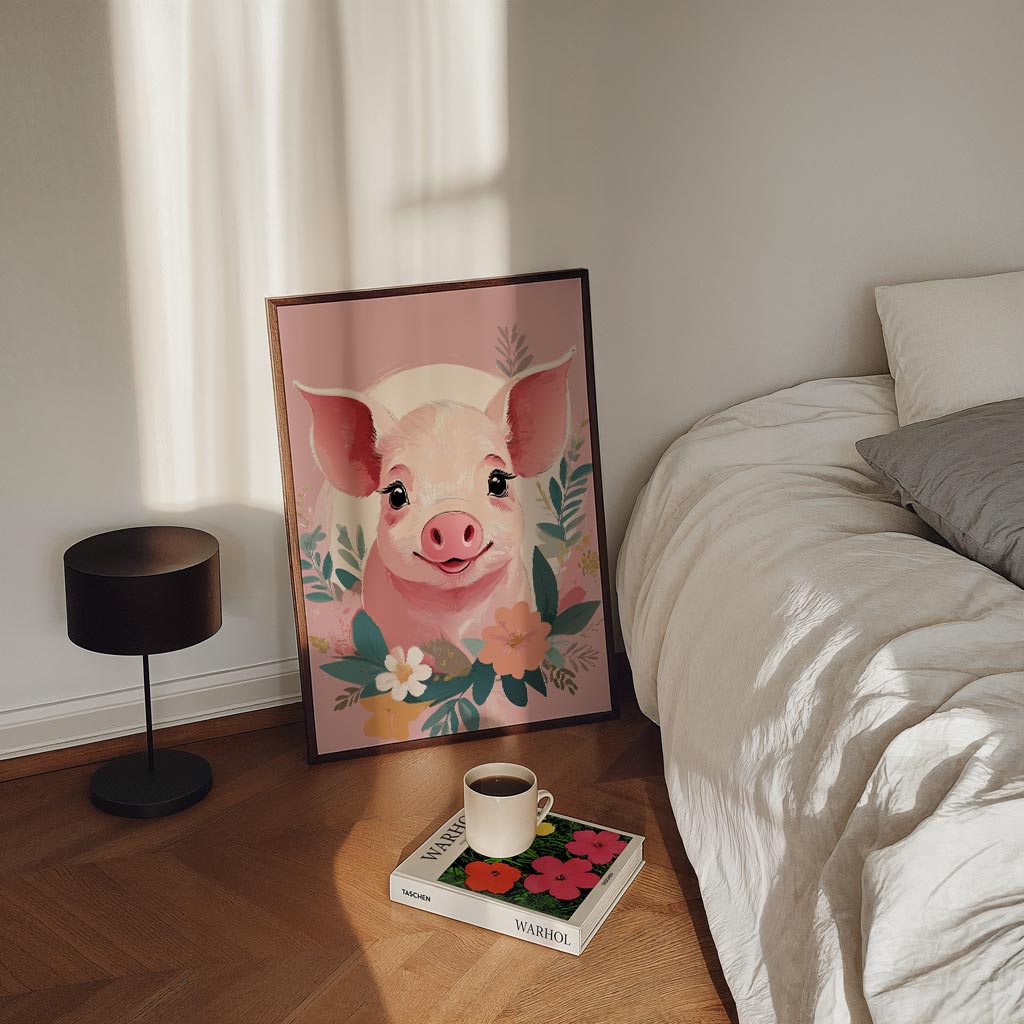 Schattige Varkensposter met Bloemen – staande kinderkamer wanddecoratie van WallArtistic