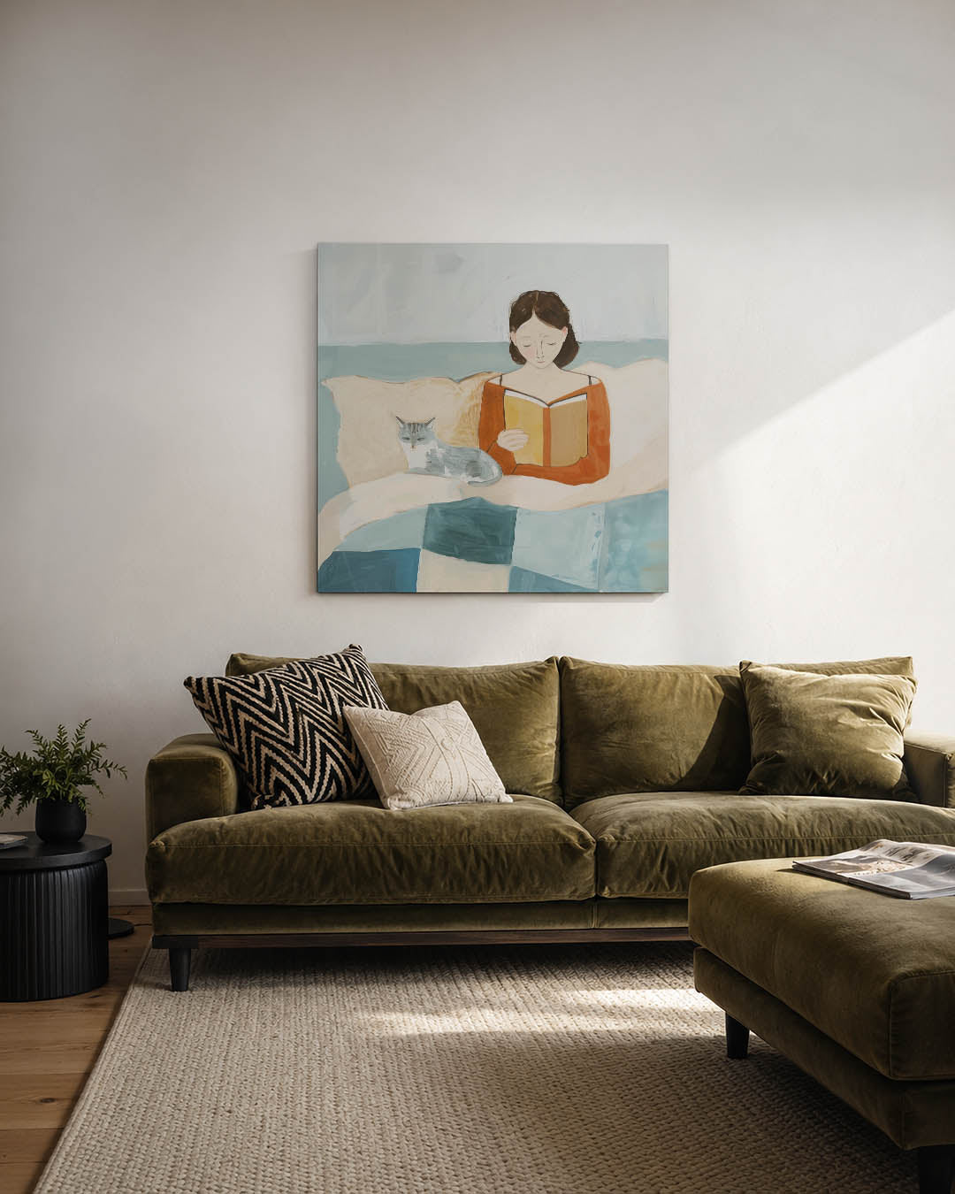 Lezende vrouw met kat kunstwerk – derde productweergave – dit werk toont een vrouw die een boek leest met een kat naast haar.