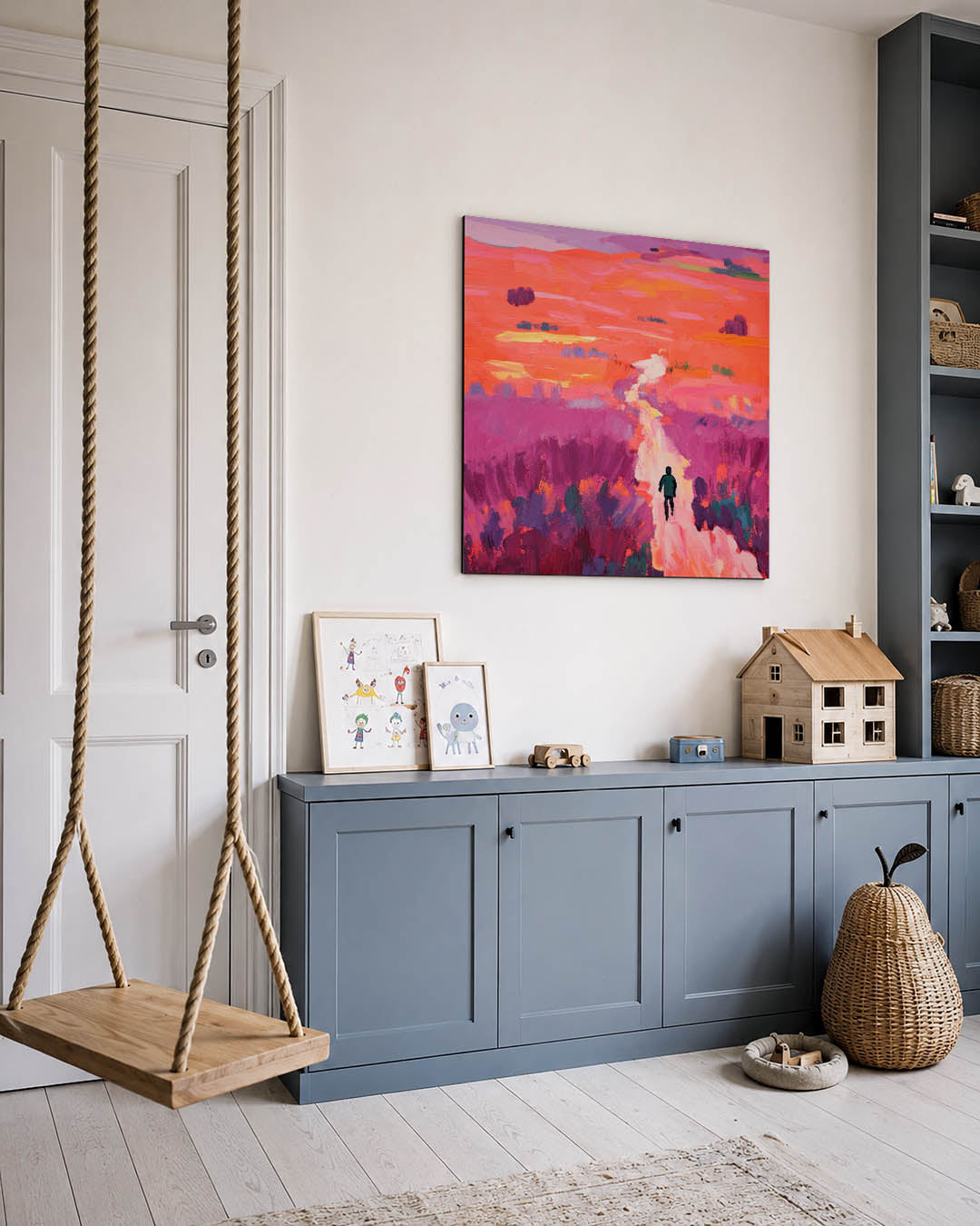 Kleurrijke landschap wandeling kunstwerk – vierkante wanddecoratie – dit werk toont een levendig landschap met een wandelaar
