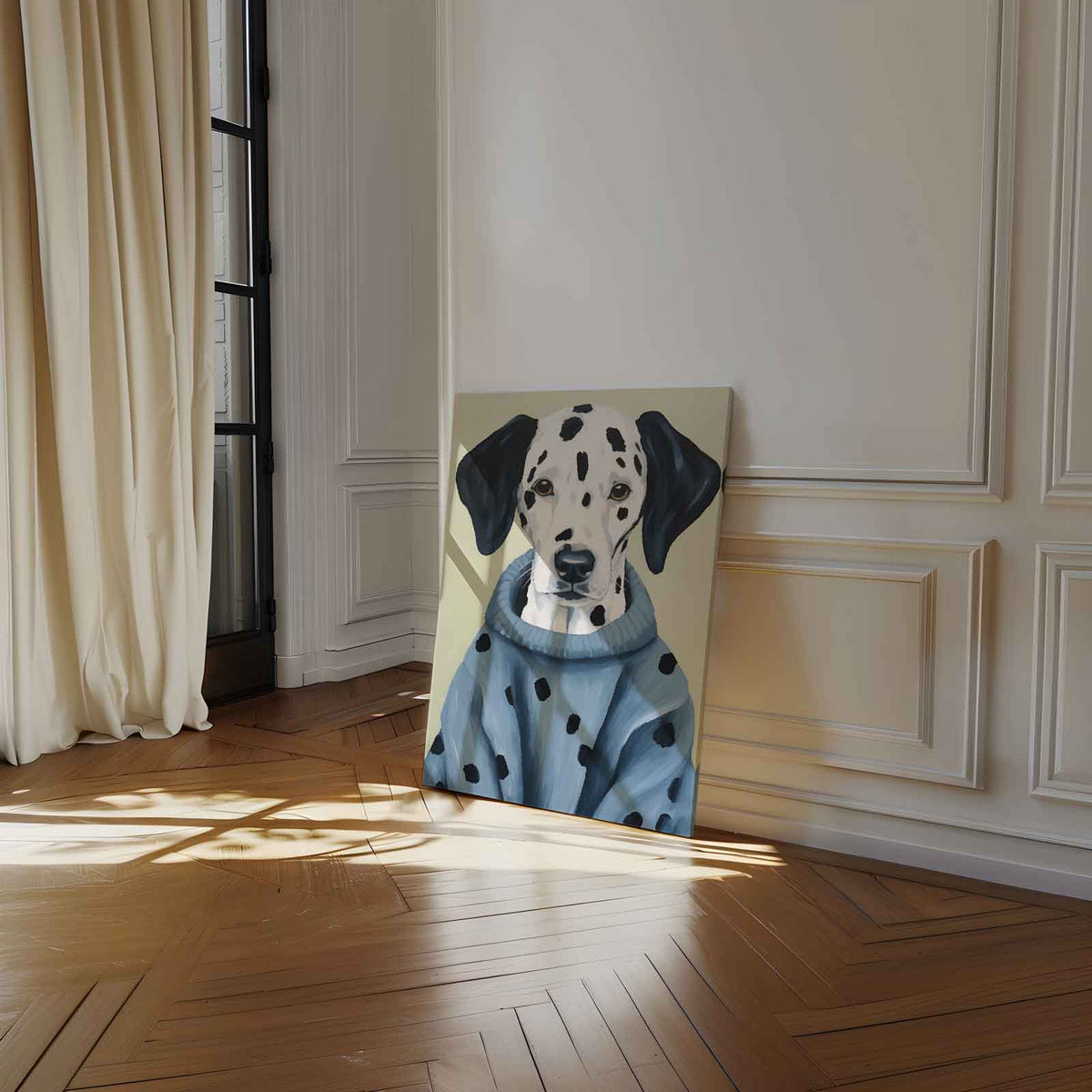 Stijlvolle Dalmatiër in Blauwe Trui – dibond kunstwerk als wanddecoratie