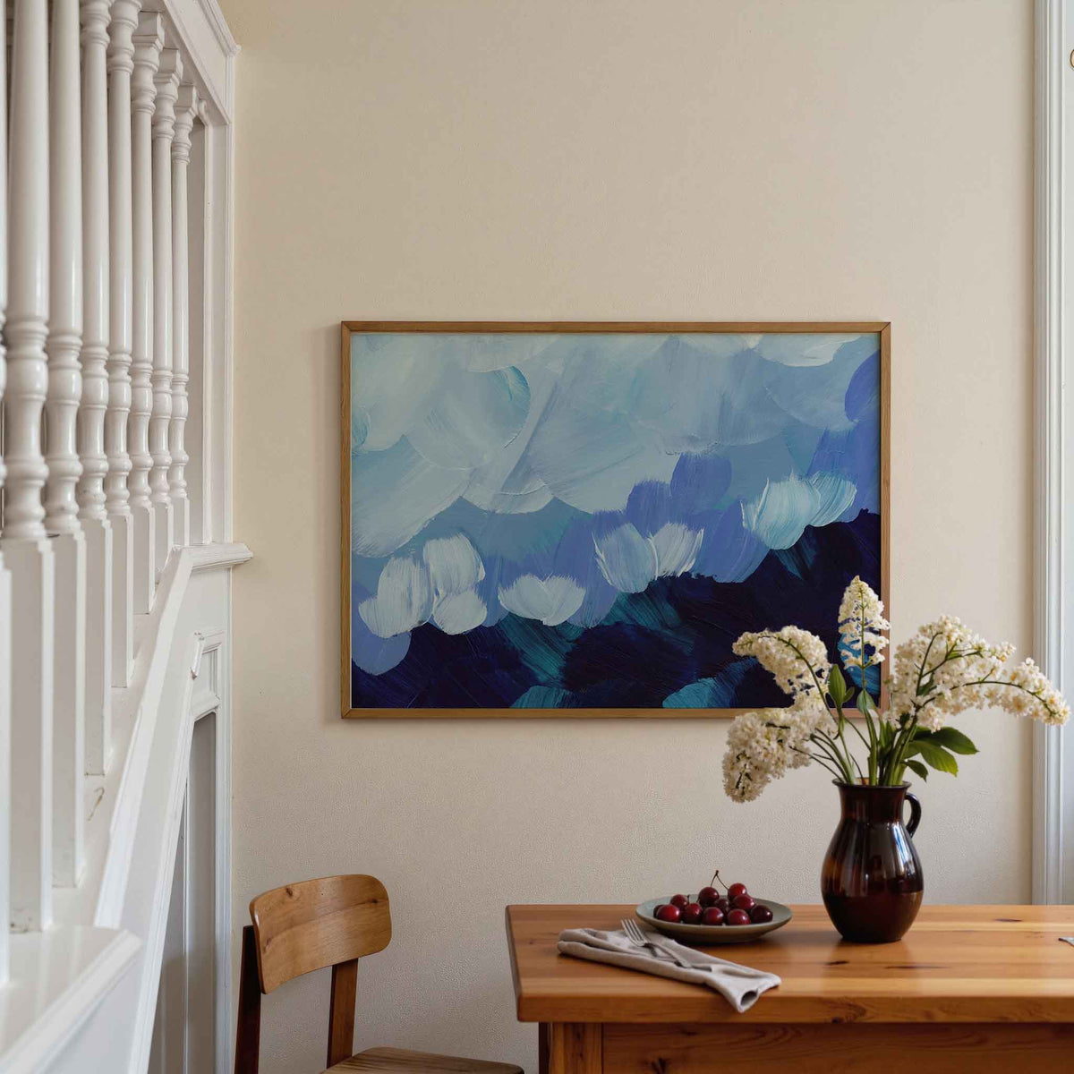 Blauwe penseelstreken – artistieke poster in liggend formaat