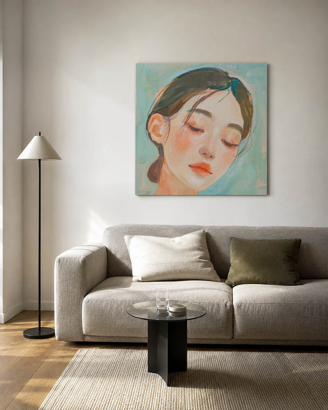 Dromerige portretstudie kunstwerk – vierkante wanddecoratie – dit kunstwerk toont een serene gezichtsuitdrukking met zachte